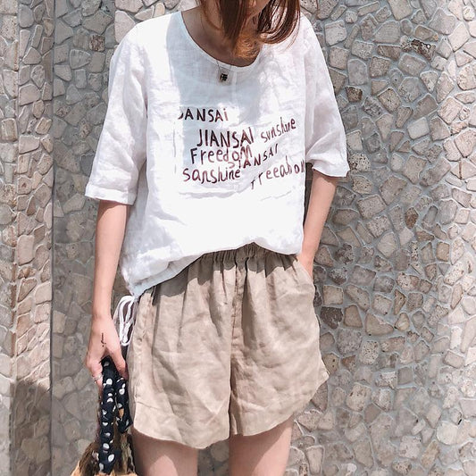 Cotton Vintage Summer Letter Print Three Quarter Sleeve Shirt