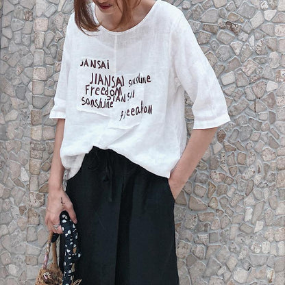 Cotton Vintage Summer Letter Print Three Quarter Sleeve Shirt