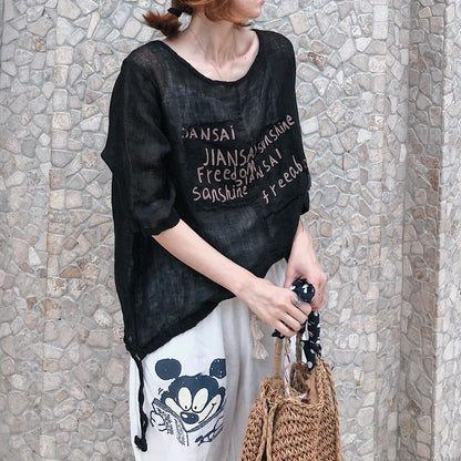 Cotton Vintage Summer Letter Print Three Quarter Sleeve Shirt