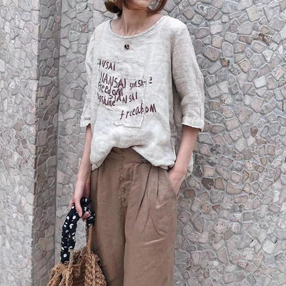 Cotton Vintage Summer Letter Print Three Quarter Sleeve Shirt