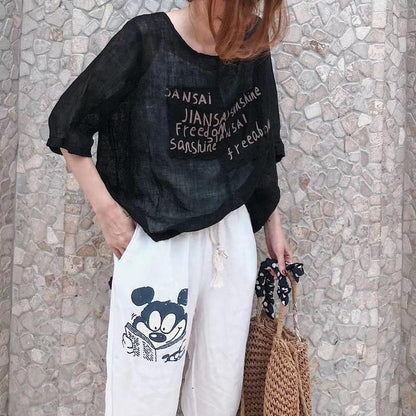 Cotton Vintage Summer Letter Print Three Quarter Sleeve Shirt