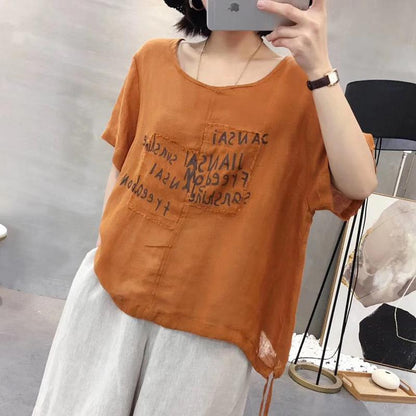 Cotton Vintage Summer Letter Print Three Quarter Sleeve Shirt