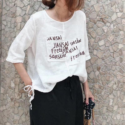 Cotton Vintage Summer Letter Print Three Quarter Sleeve Shirt