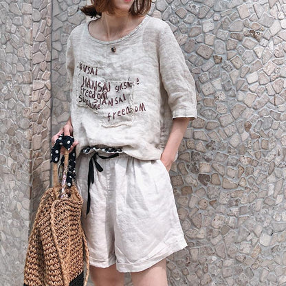 Cotton Vintage Summer Letter Print Three Quarter Sleeve Shirt