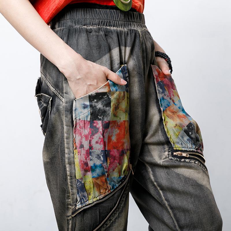Cotton Zipper Pockets Elastic Waist Jeans