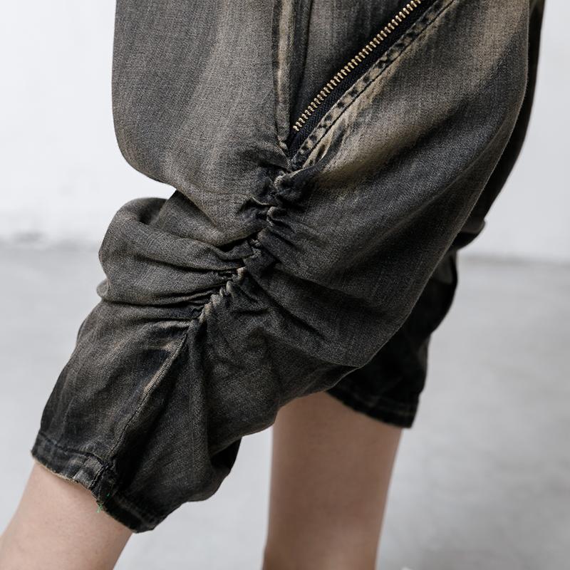 Cotton Zipper Pockets Elastic Waist Jeans