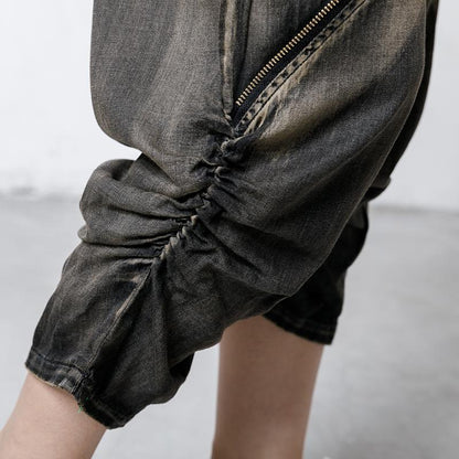 Cotton Zipper Pockets Elastic Waist Jeans