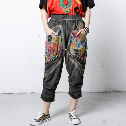 Cotton Zipper Pockets Elastic Waist Jeans