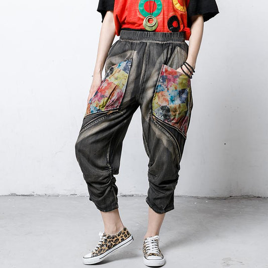 Cotton Zipper Pockets Elastic Waist Jeans