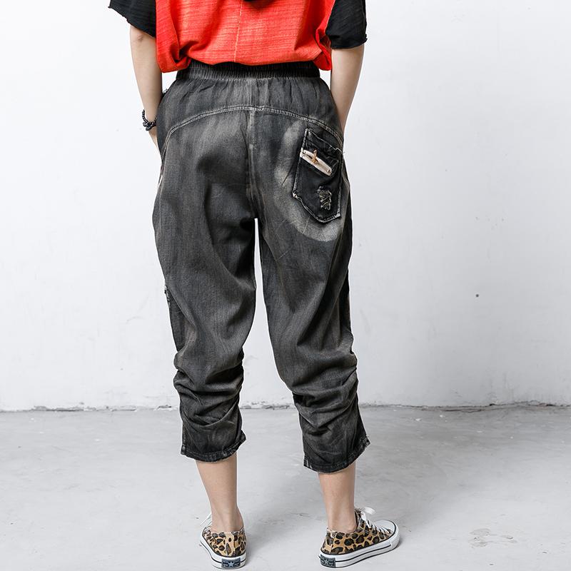 Cotton Zipper Pockets Elastic Waist Jeans