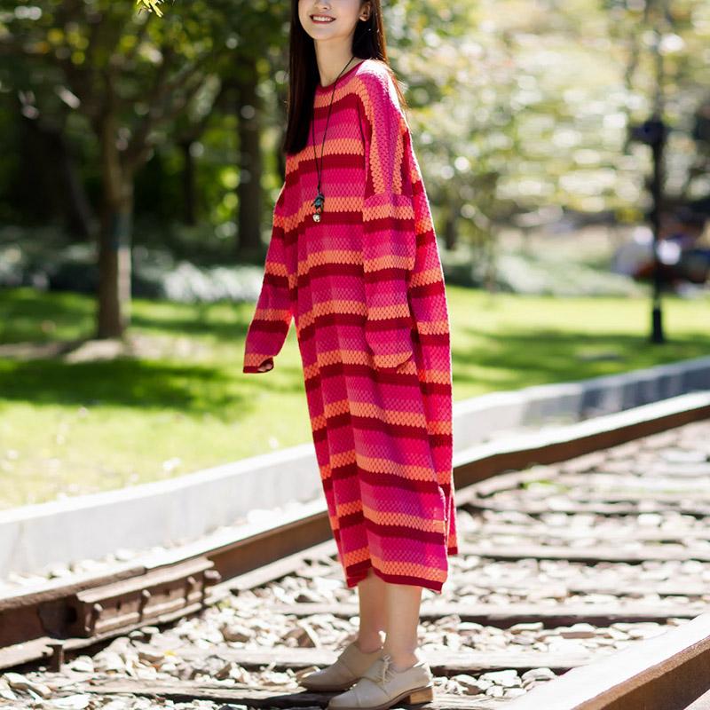 Stripe Split Long Sleeve Woollen Dress