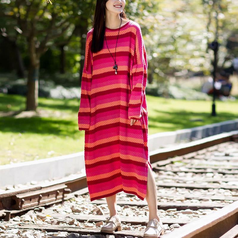 Stripe Split Long Sleeve Woollen Dress