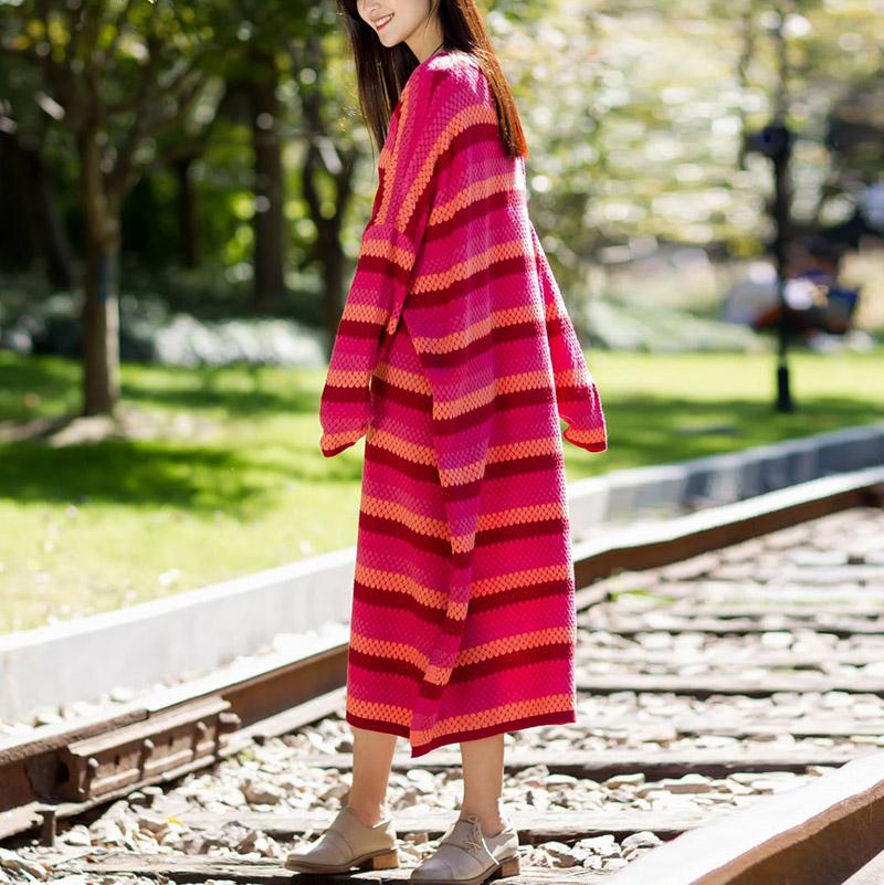 Stripe Split Long Sleeve Woollen Dress