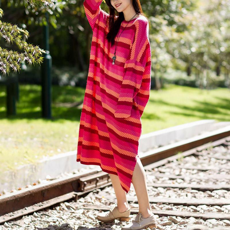 Stripe Split Long Sleeve Woollen Dress