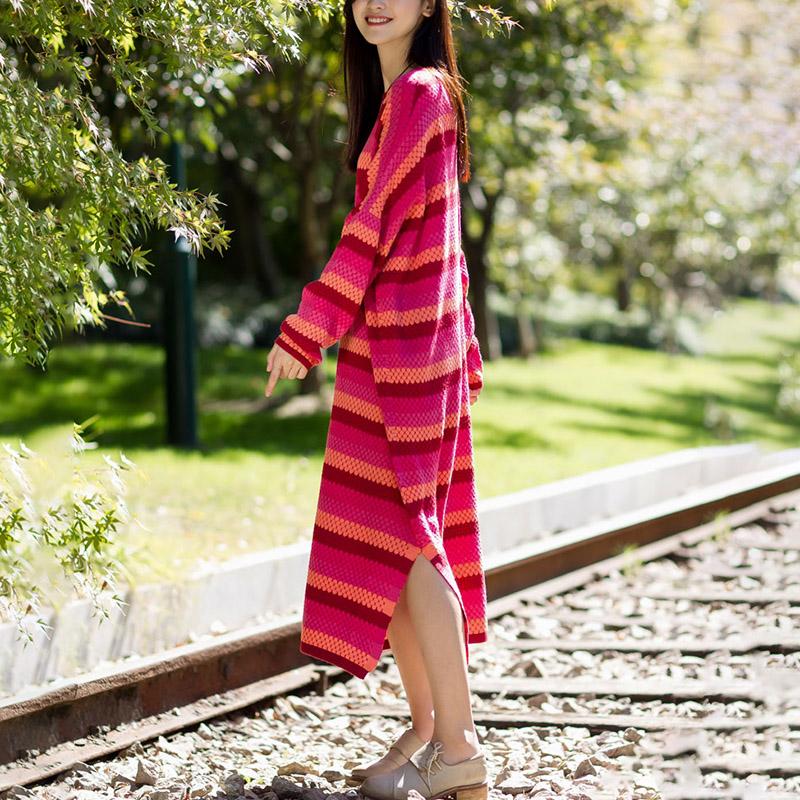 Stripe Split Long Sleeve Woollen Dress