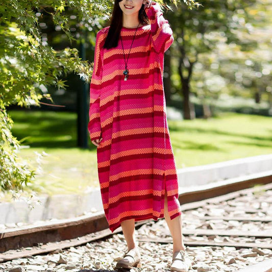 Stripe Split Long Sleeve Woollen Dress