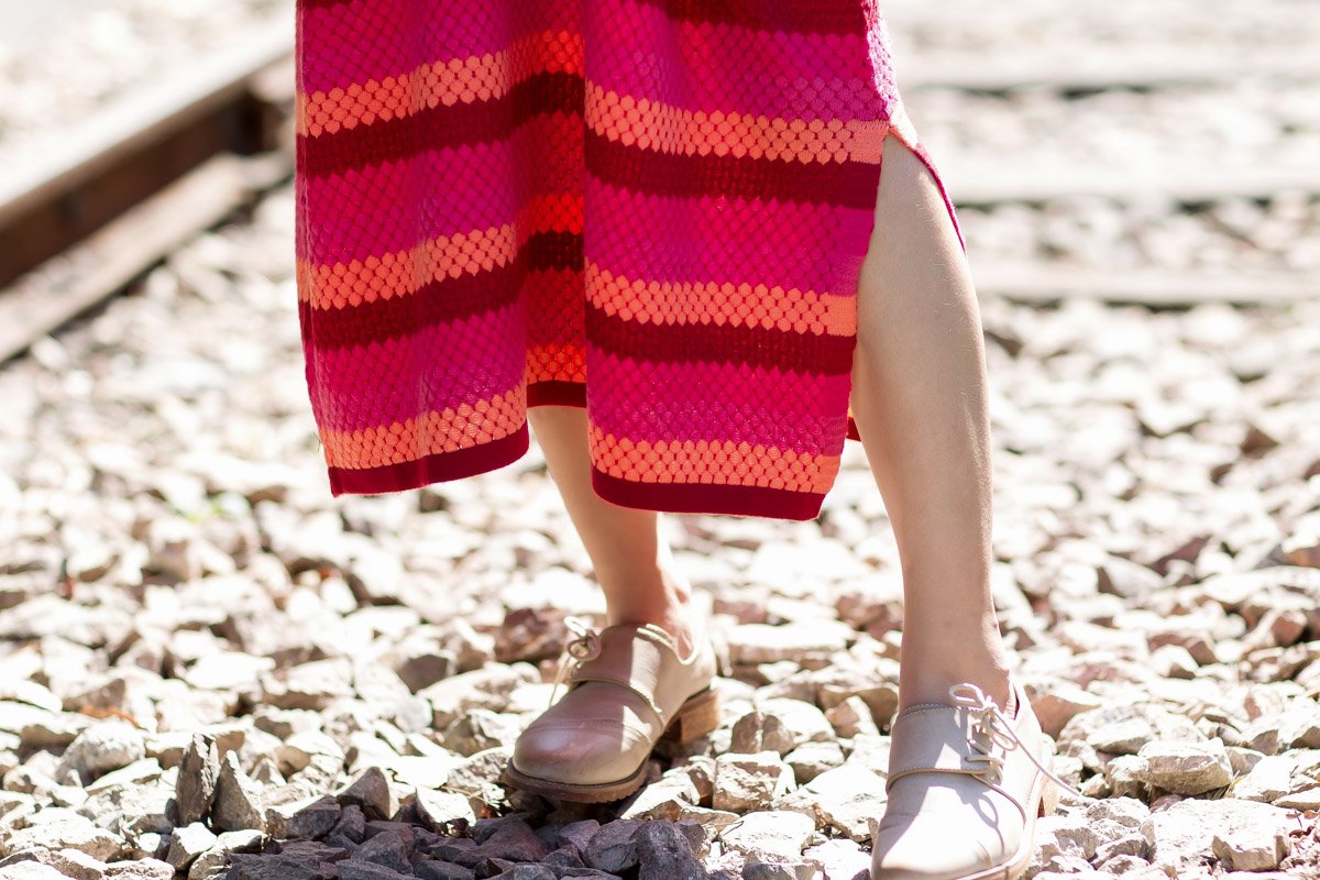 Stripe Split Long Sleeve Woollen Dress