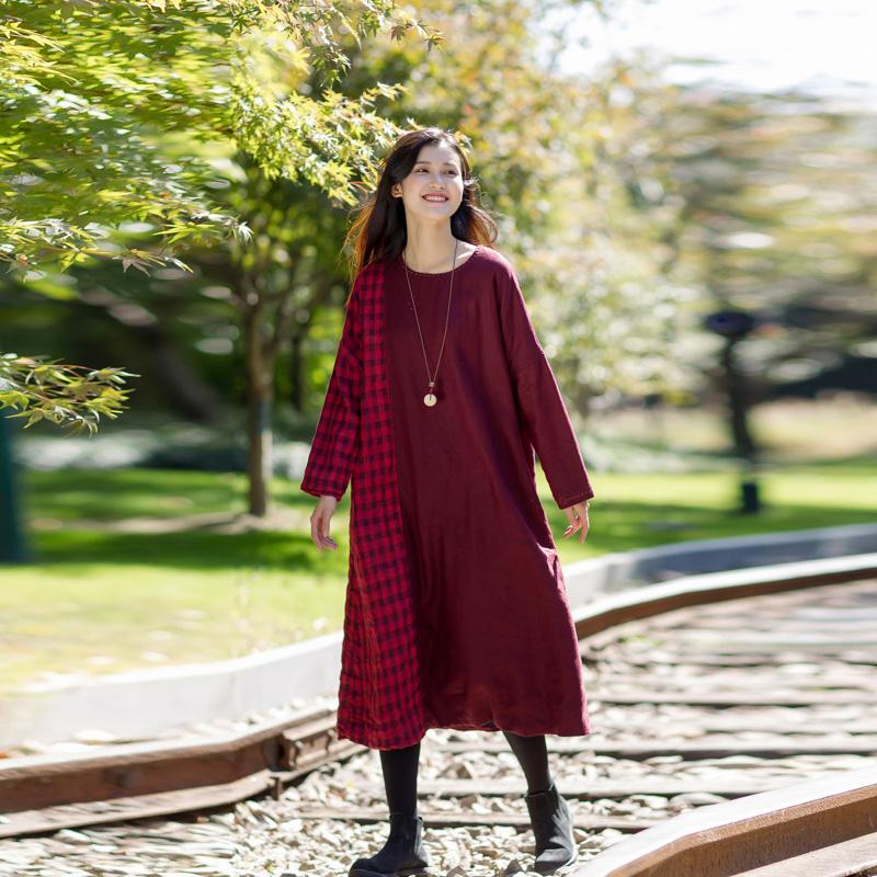 Vintage Plaid Spliced Long Sleeve Midi Dress