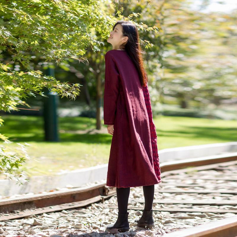 Vintage Plaid Spliced Long Sleeve Midi Dress