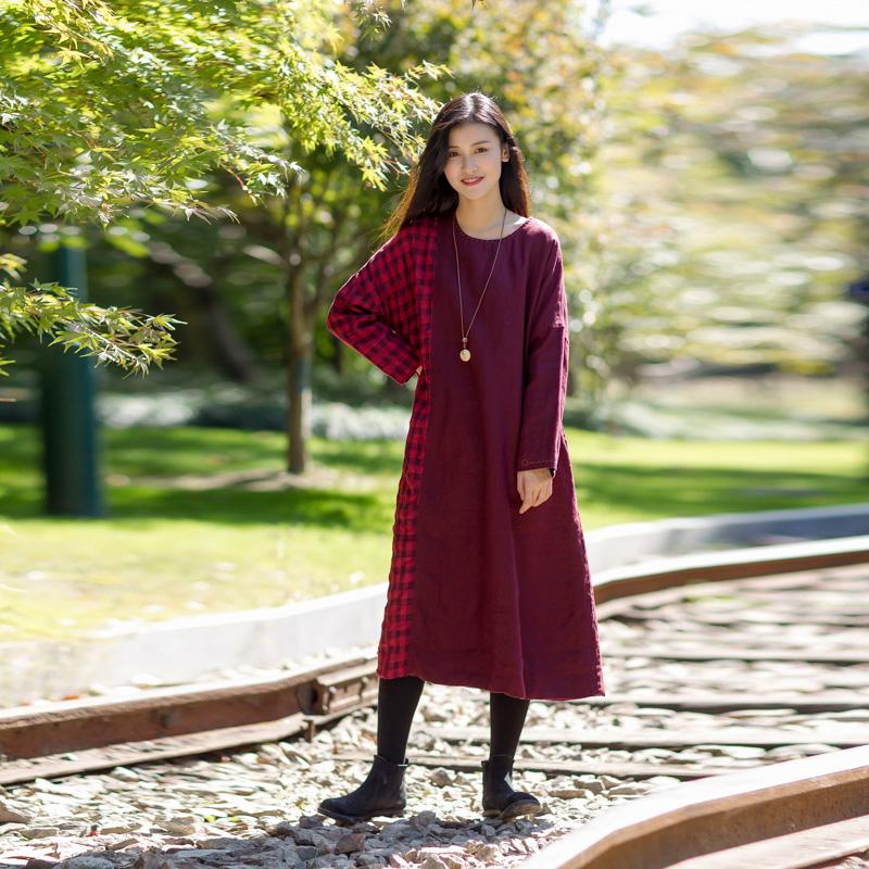 Vintage Plaid Spliced Long Sleeve Midi Dress