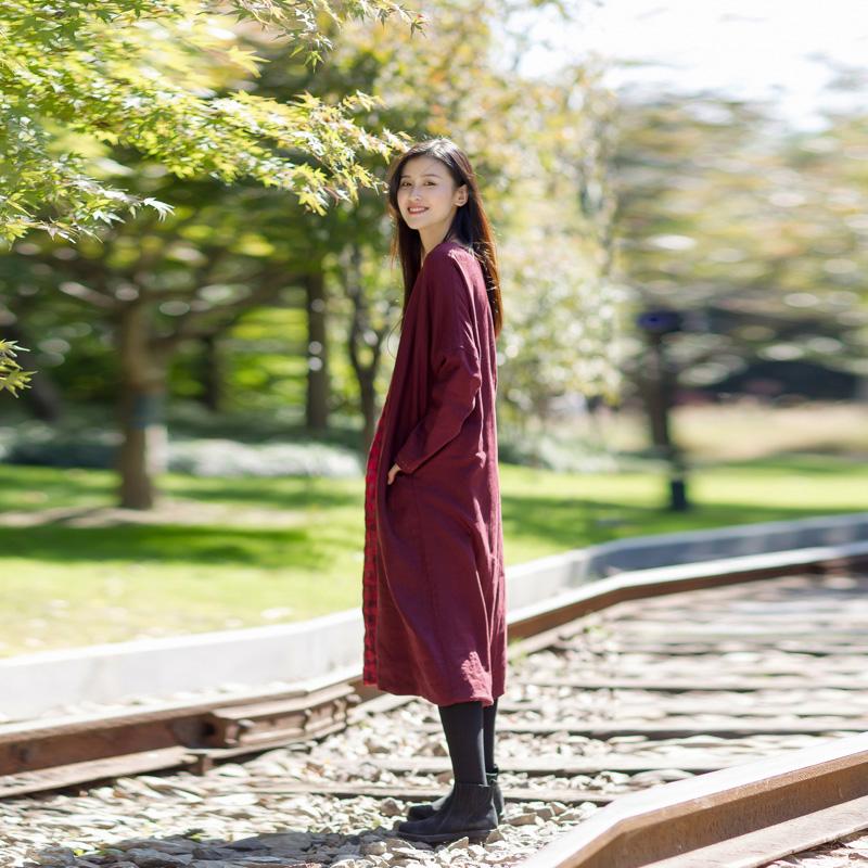 Vintage Plaid Spliced Long Sleeve Midi Dress