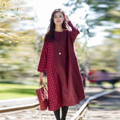 Vintage Plaid Spliced Long Sleeve Midi Dress