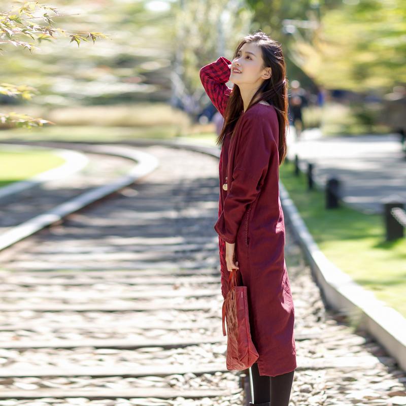 Vintage Plaid Spliced Long Sleeve Midi Dress