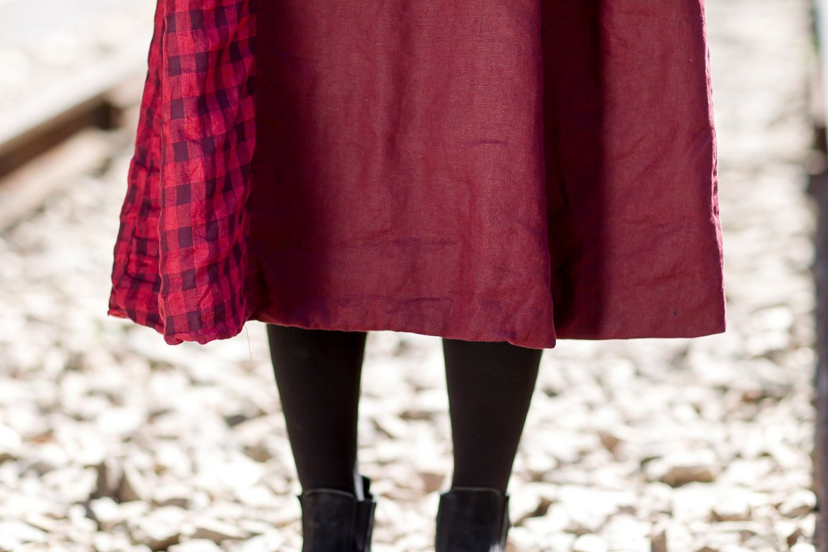 Vintage Plaid Spliced Long Sleeve Midi Dress