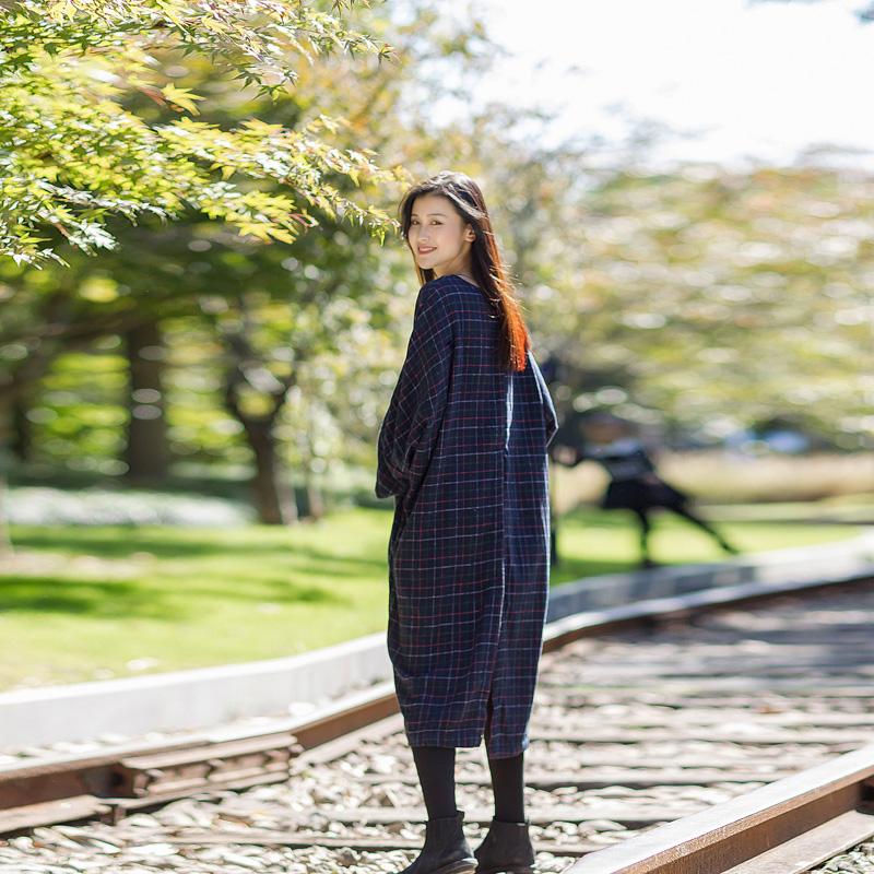Plaid Long Sleeve Loose Winter Midi Dress