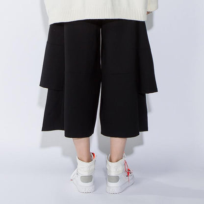 Loose Spliced Elastic Waist Black Calf Length Pants
