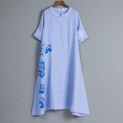 Round Neck Short Sleeve Pockets Stripe Dress