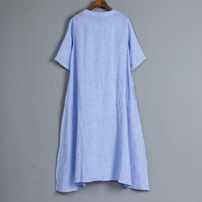 Round Neck Short Sleeve Pockets Stripe Blue Dress