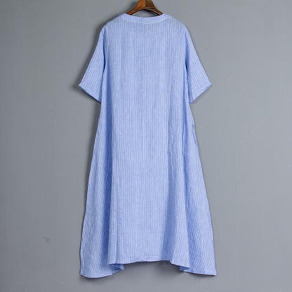 Round Neck Short Sleeve Pockets Stripe Dress