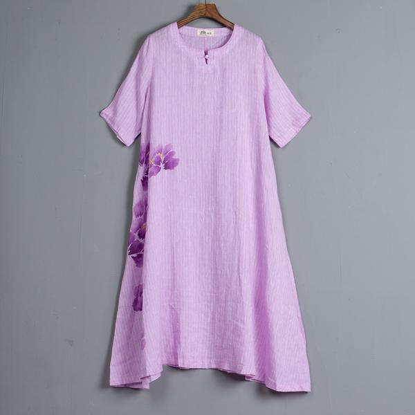 Round Neck Short Sleeve Pockets Stripe Dress