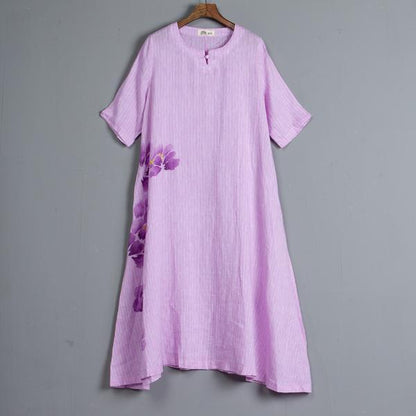 Round Neck Short Sleeve Pockets Stripe Dress