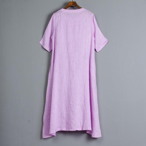 Round Neck Short Sleeve Pockets Stripe Dress