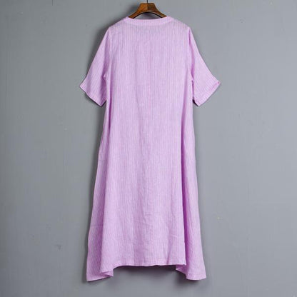 Round Neck Short Sleeve Pockets Stripe Dress