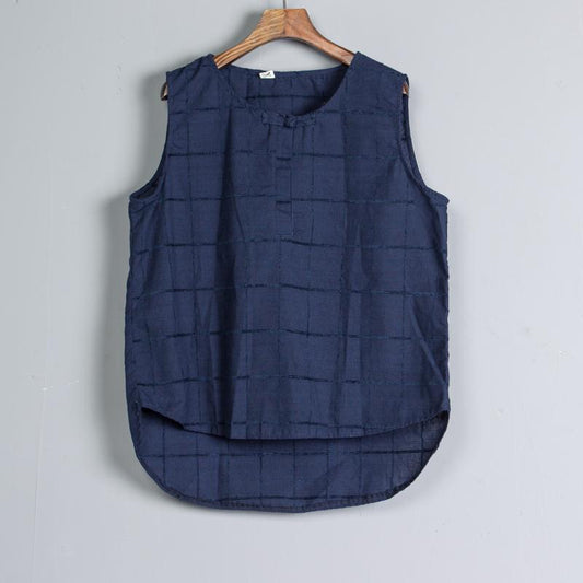 Summer Sleeveless High-low Hem Women Navy Blue Tops