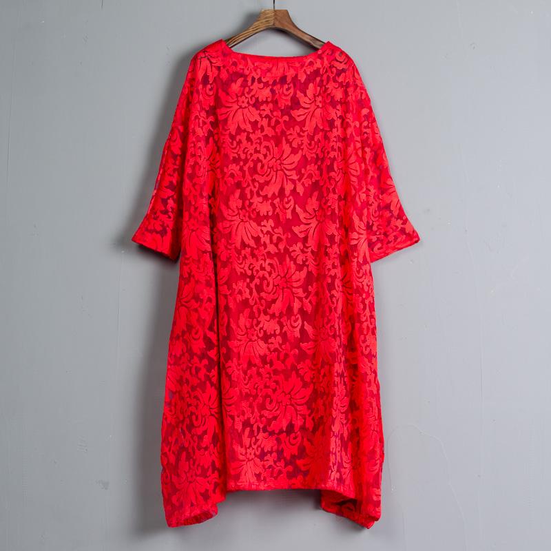 Three-quarter Sleeve Pockets Two-piece Long Red Dress
