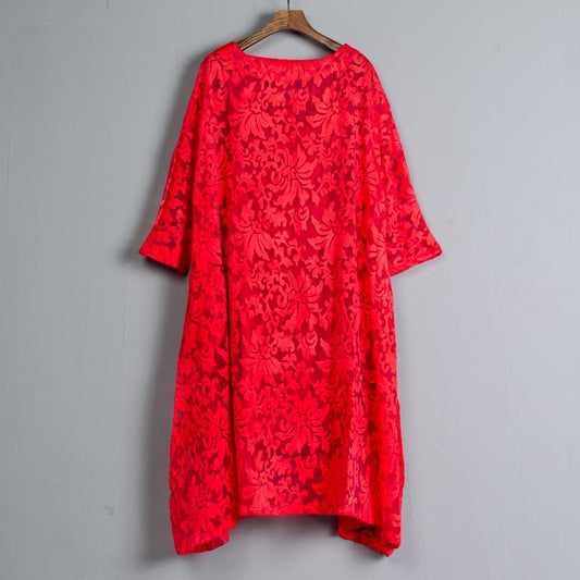 Three-quarter Sleeve Pockets Two-piece Long Red Dress