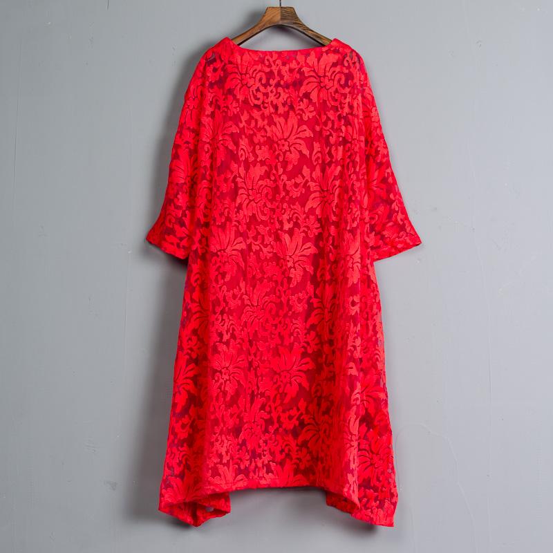 Three-quarter Sleeve Pockets Two-piece Long Red Dress