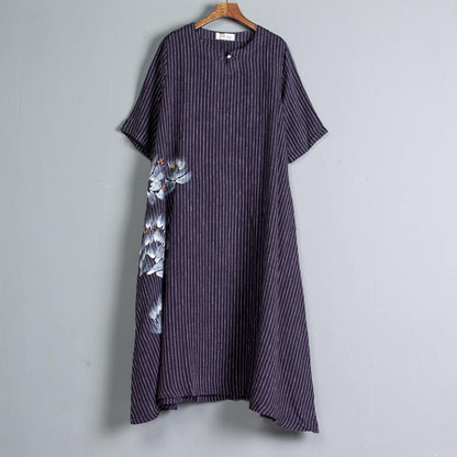 Round Neck Short Sleeve Pockets Stripe Dress