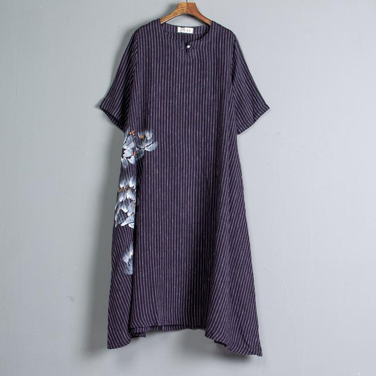 Round Neck Short Sleeve Pockets Stripe Dress