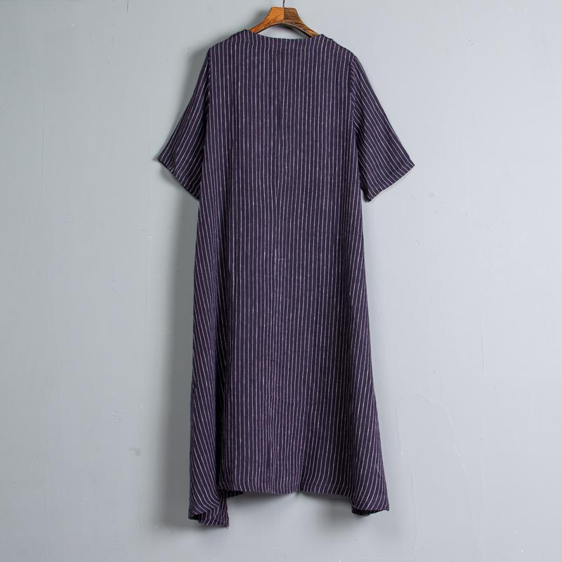 Round Neck Short Sleeve Pockets Stripe Dress