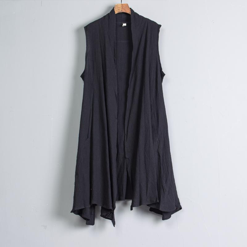 Women Casual Sleeveless Blouse Black Linen Outerwear