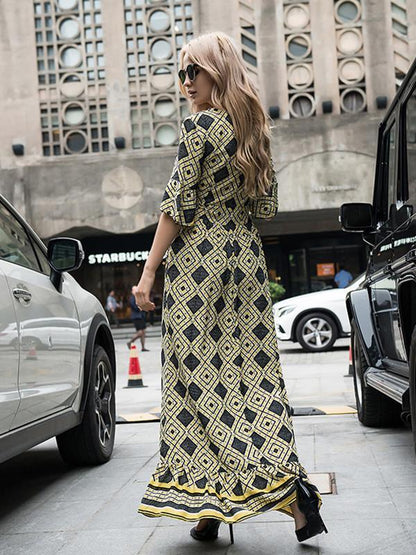 Fashion Popular Floral-Print Falbala Short Sleeve Deep V Neck Maxi Long Dress