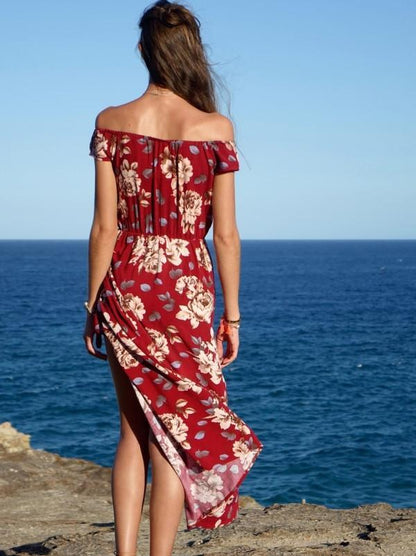 Popular Fashion Floral-Print Short Sleeve Off-Shoulder Bohemia Long Dress