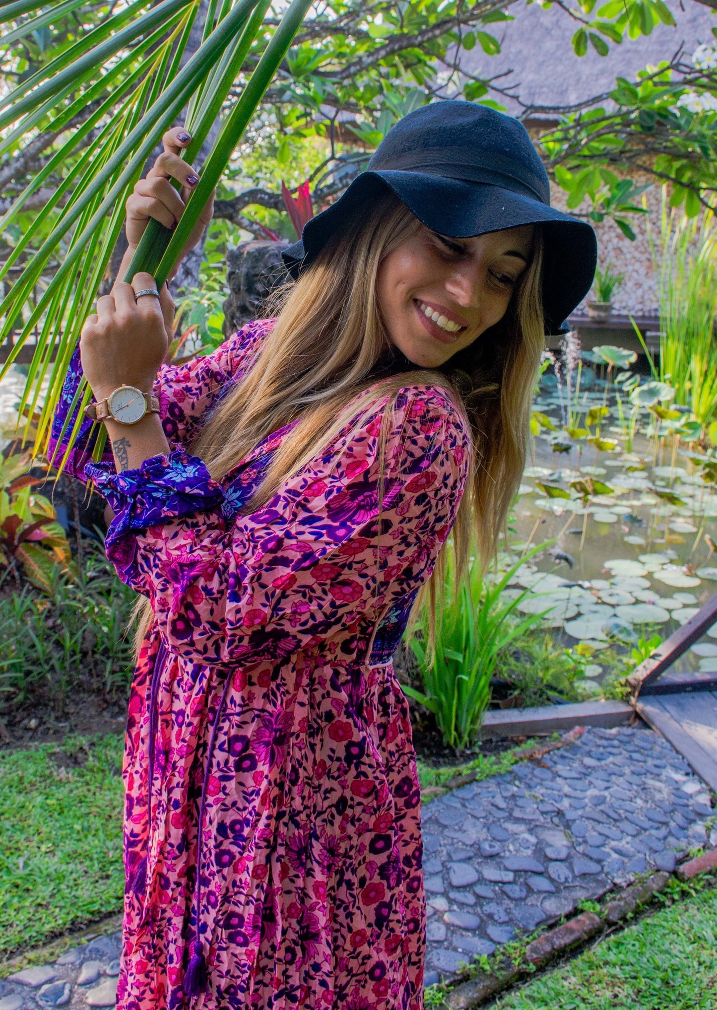 Pink Floral Long Sleeves Maxi Beach Bohemia Dress