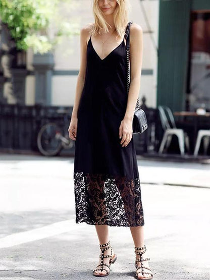 Lace Spaghetti-neck Backless Midi Dress