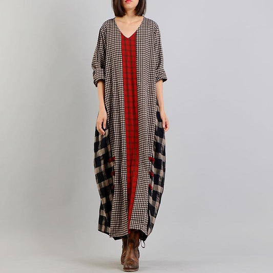 Different Colored Plaid V-Neck Retro Dress